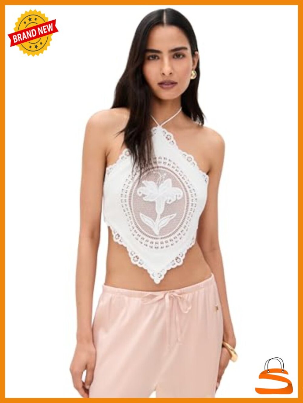 Retrofete Sleeveless Halter Tank Top w/ Lace Trim